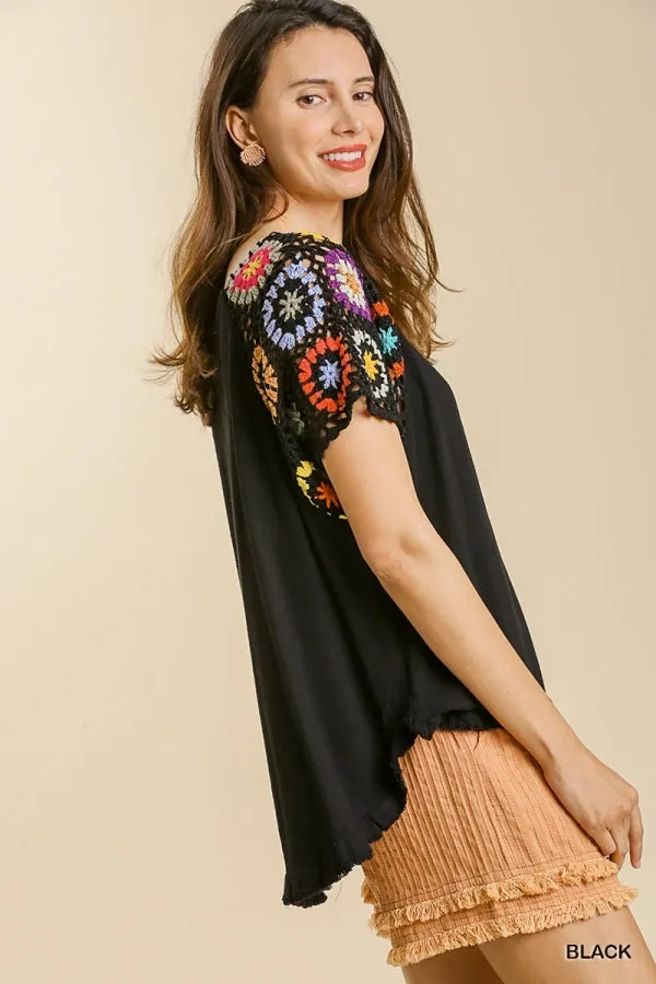 Crochet Sleeve Top, Black