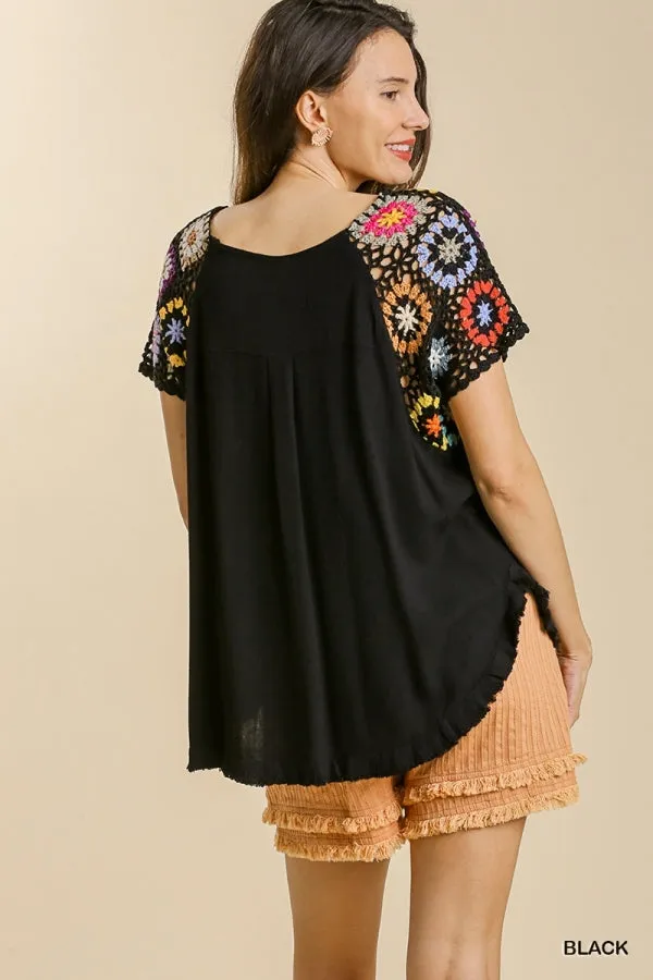 Crochet Sleeve Top, Black