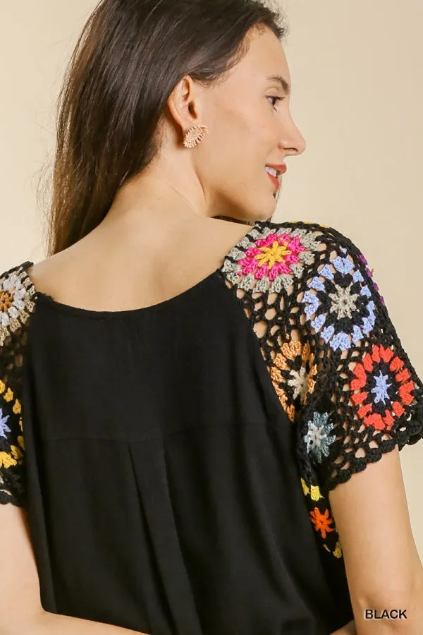 Crochet Sleeve Top, Black