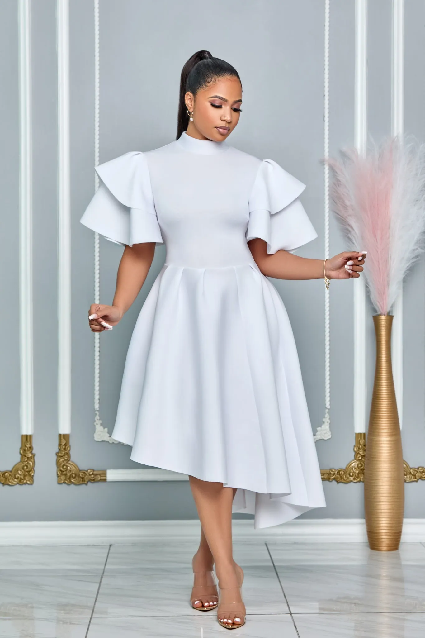 MOCK NECK RUFFLED SLEEVE FIT AND FLARE MIDI DRESS (WHITE)