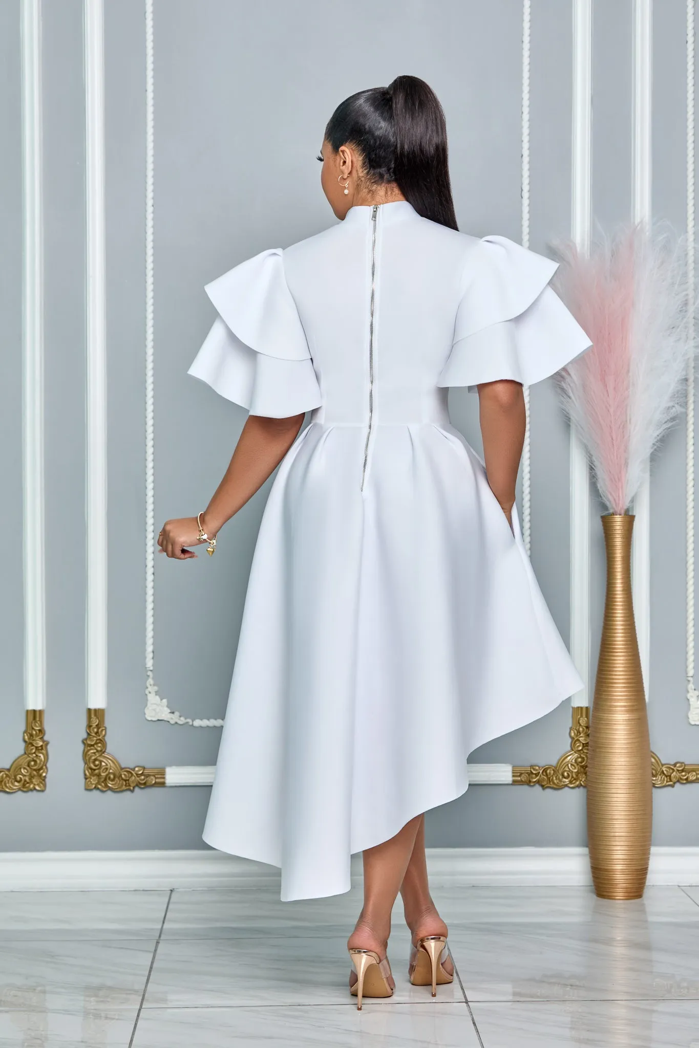 MOCK NECK RUFFLED SLEEVE FIT AND FLARE MIDI DRESS (WHITE)