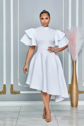 MOCK NECK RUFFLED SLEEVE FIT AND FLARE MIDI DRESS (WHITE)