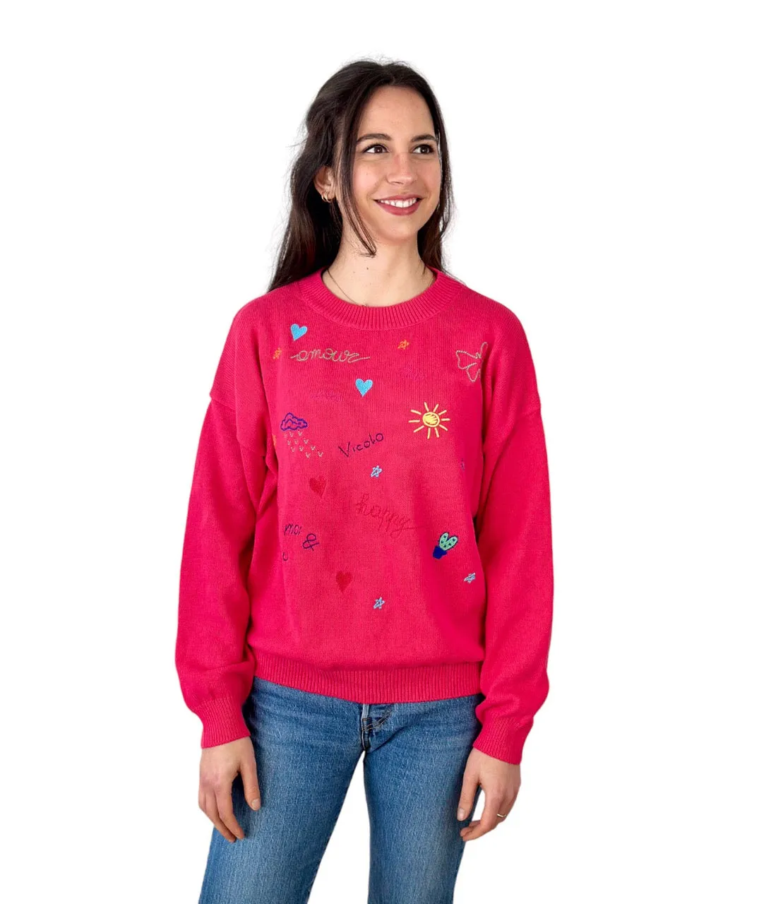 Vicolo raspberry embroidered stamps cotton pullover