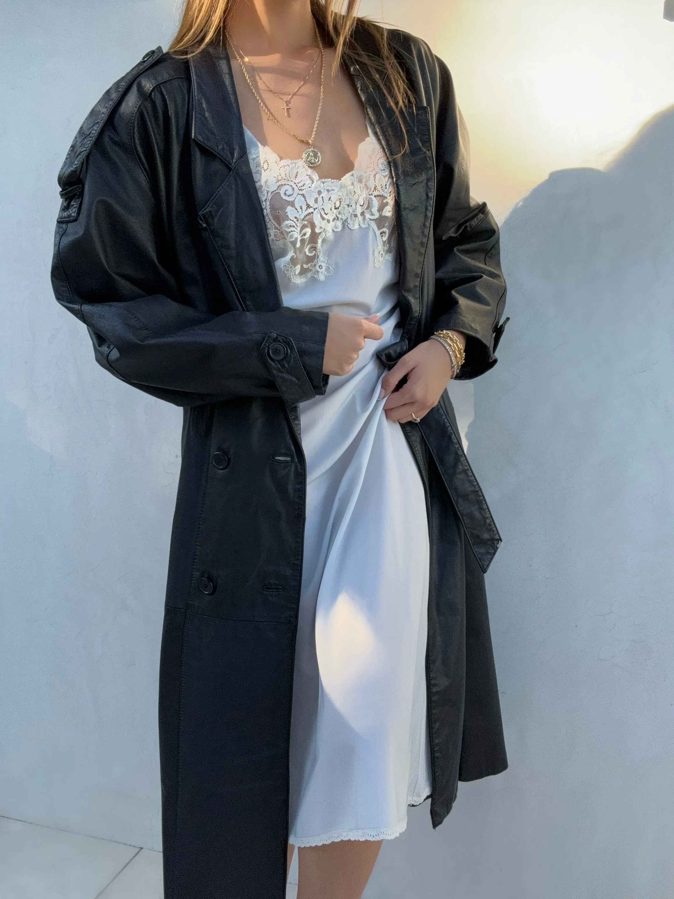 Vintage Black Leather Trench Coat