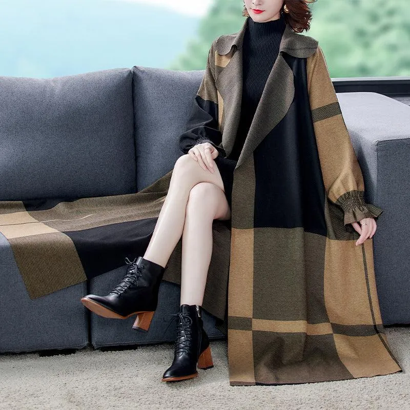 Women’s Elegant Plaid Woolen Trench Coat