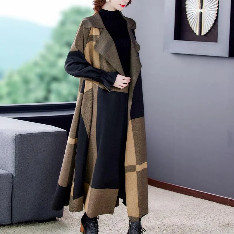 Women’s Elegant Plaid Woolen Trench Coat