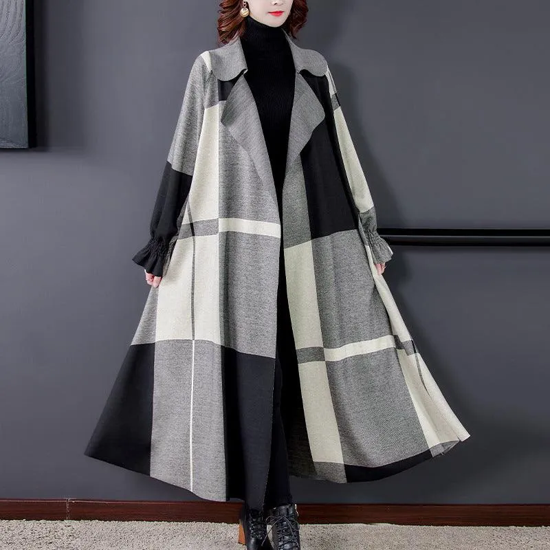 Women’s Elegant Plaid Woolen Trench Coat