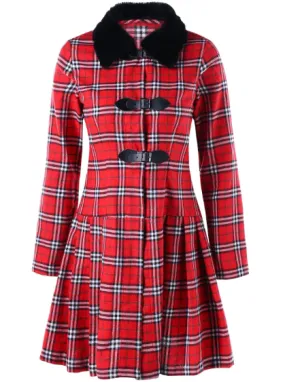Womens Tartan Coat • Skirted Style with Faux Fur Collar