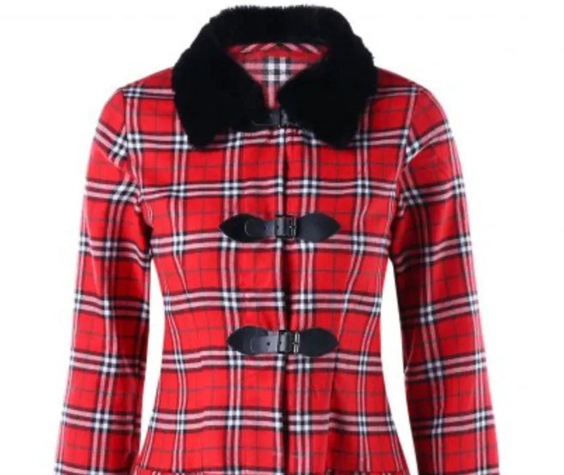 Womens Tartan Coat • Skirted Style with Faux Fur Collar