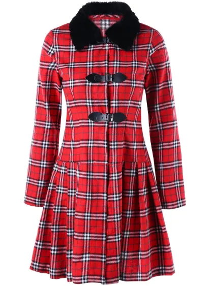 Womens Tartan Coat • Skirted Style with Faux Fur Collar